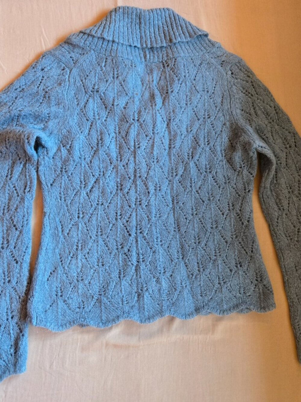 LOFT Dusty Blue Open Lace Knit Mohair Cardigan w Ribbed Shawl Style Collar M - Picture 16 of 16